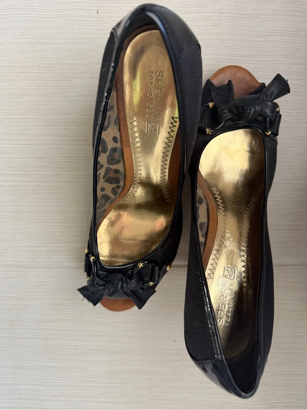 Sperry Top-Sider Black Peep-Toe Bow Cork Wedge Heels | 8.5